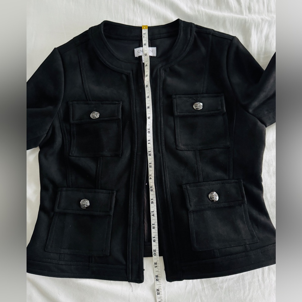 Carmen Marc Valvo Black Faux Suede Military Jacket Medium | Pockets - Picture 9 of 10